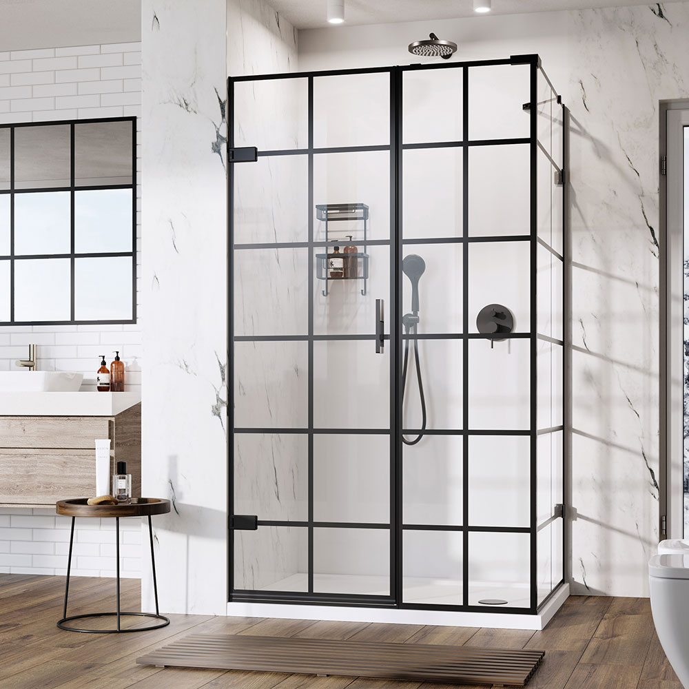 Liberty Black Grid Hinged Door with Inline and Side Panel for Corner Fitting